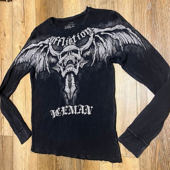 VTG Y2K AFFLICTION UFC Chuck Liddell Iceman Thermal Shirt XL Skull Cross USA Blk - Picture 2 of 7